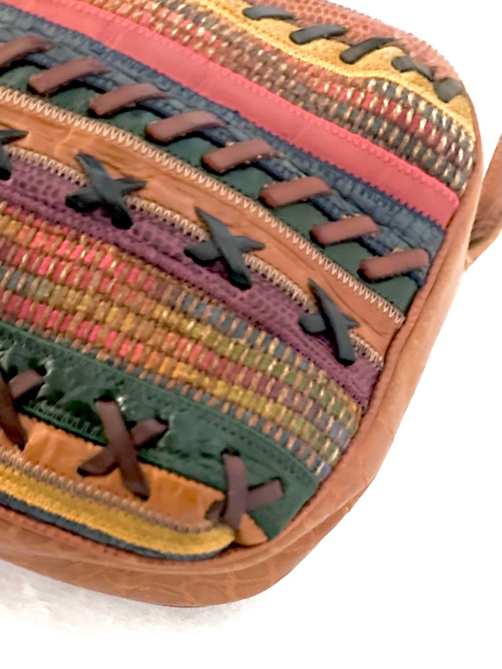 Sharif Multicolor Leather Woven Crossbody Bag in Tan, Red, Blue, Green - Picture 8 of 9